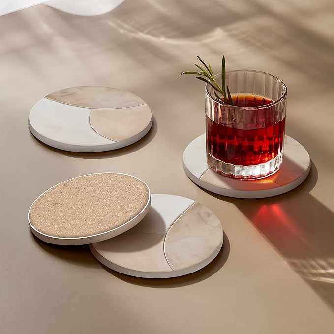VEYRO Ceramic Coasters Set of 4 – Absorbent Stone Drink Coasters with Holder, Non-Slip Cork Backing, Modern Marble Look Coasters for Coffee Table, Desk & Home Decor