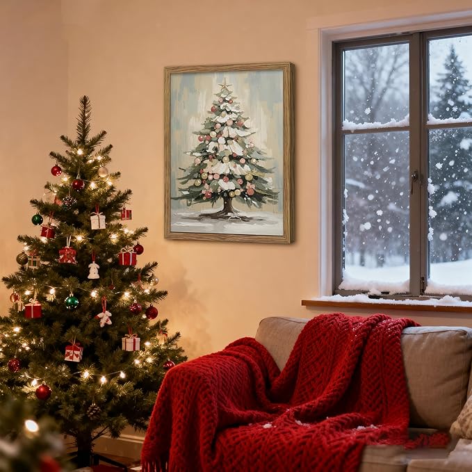 Framed Christmas Canvas Wall Art, Vintage Christmas Tree Pictures Print, Rustic Winter Holiday Decor, Wood Frame Pine Tree Painting, Christmas Tree Wall Decor for Living Room, Fireplace – 12x16in