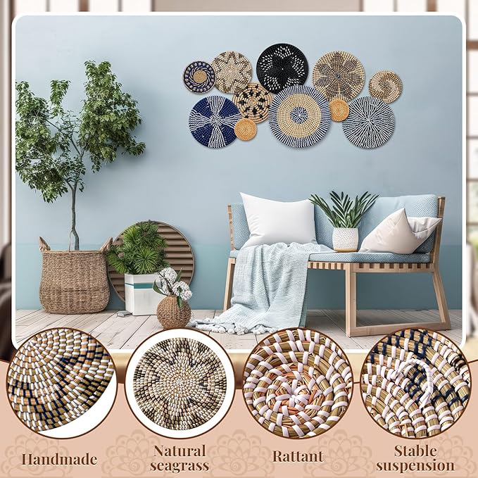 Tatuo 11 Pcs Boho Wall Basket Decor Decorative Bulrush Woven Basket Wall Decor Art Round Farmhouse Hanging Baskets for Kitchen Rustic Home Summer Decorations, Multi Sizes (Blue)