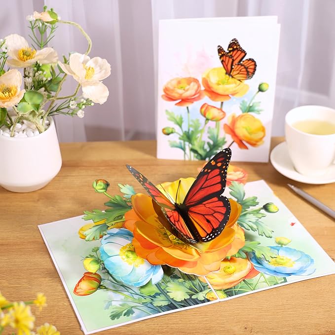 Butterfly on Flower Pop-Up Birthday Card – Handmade 3D Monarch Butterfly Floral Card for Wife, Mom, Her, Sister, Daughter, Ideal Gift for Birthday, Get Well, Thank You, Mothers Day, 6x8 inch