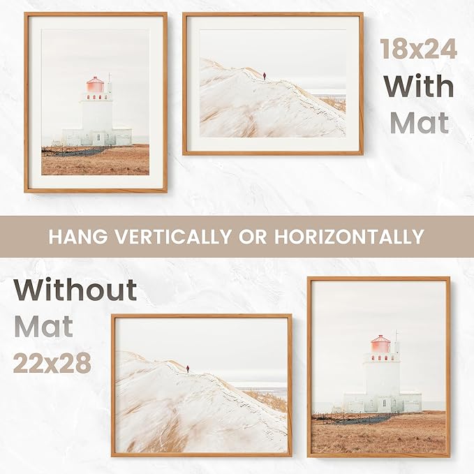 22x28 Poster Frame, USA-Sourced Natural Cherry Wood Picture Collage Frame with HD Tempered Glass, Modern Simple 22 x 28 Wooden Photo Frame Matted to 18x24, Vertical & Horizontal Wall Hanging Display