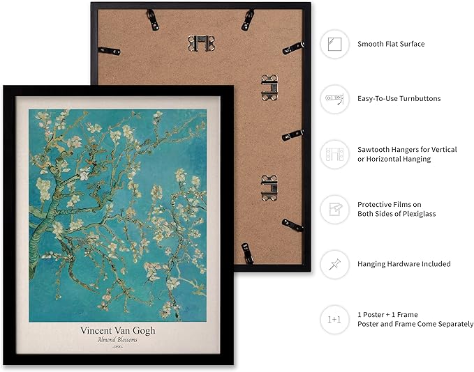 Monem Art Vintage Van Gogh Poster - Retro Almond Blossoms Print - Impressionism Art - Fine Art - Classic Painting Art - Flower Art - Floral Bedroom or Office Wall Decor - 11x14 Black Framed