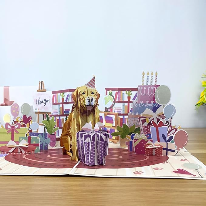 Golden Retriever 3D Pop Up Birthday Card – Cute Dog Card with Envelope, Puppy Gift for Dog Lovers, Women – Funny Pet Lover Birthday Greeting Card
