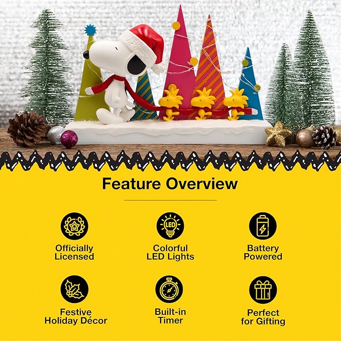Mark Feldstein, Peanuts Snoopy and Woodstock Holiday Tree Parade LED Tabletop Figurine, 8.5 Inch