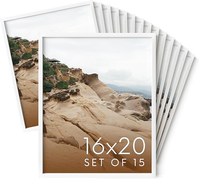 HAUS AND HUES 16x20 White Metal Picture Frames - Features Premium Aluminum, Vertical & Horizontal Hang, Shatterproof Plexiglass - Perfect for Home, Room, Office (16x20 in, White, Set of 15)
