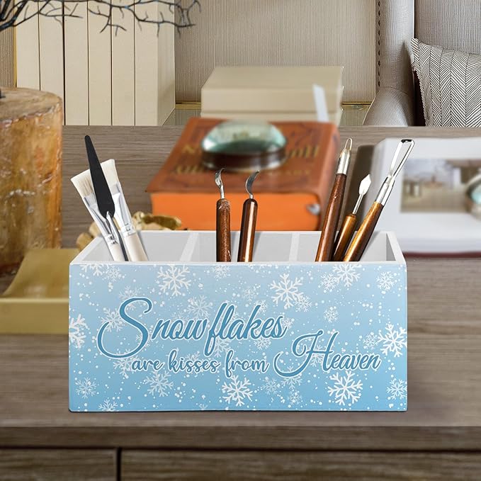 Blue Winter Christmas Pen Pencil Holder Organizer for Desk Accessories, Winter Snowflakes Wooden Box Sign Desk Decor for Home Office Decoration, Blue Christmas Decor