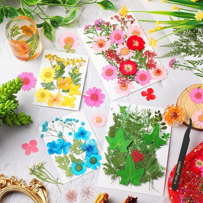 Nuanchu Dried Pressed Flowers for Crafts Resin Christmas Dried Flowers Bulk Real Natural Pressed Wildflowers with Tweezer for Resin Mold Scrapbooking Nail Soap Candle Cake Card Making DIY Supplies