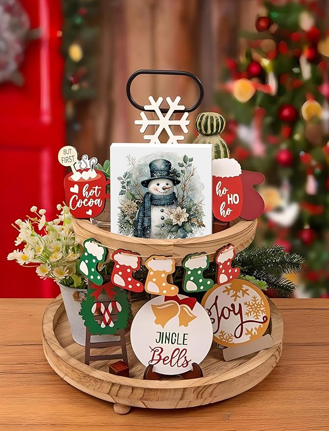 Floral Christmas Snowman Wooden Box Sign, Blue Snowman Christmas Decorations, Vintage Xmas Winter Holiday Wood Signs for Home Office Desk Shelf Table Decor, 5x5 Inch Decorative Signage