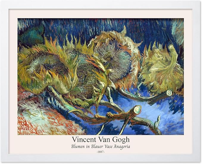 Monem Art Vintage Van Gogh Poster - Retro Blumen in Blauer Vase Anagoria Print - Sunflower Art - Impressionism Art - Fine Art - Classic Painting Art - Bedroom Wall Decor - 11x14 White Framed