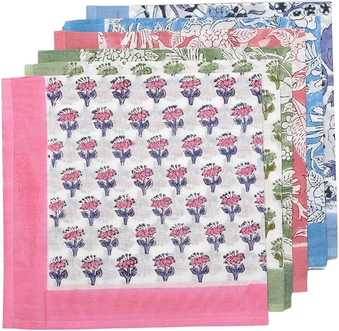 CPC Cloth Napkins 100% Cotton Set of 4 Reusable Napkins, Indian Block Print Toile Floral Dinner Napkin, Fall Thanksgiving Christmas Holiday Party Gift - Soft Absorbent Napkin, 18"x18" Mix Border