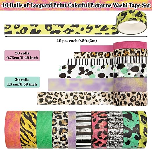 40 Rolls Washi Tape Set - Decorative Tape, Lucky Leopard Colored Tape, Scrapbook Washi Tape for Journaling, Scrapbook Tape, Craft Tape, Washintape