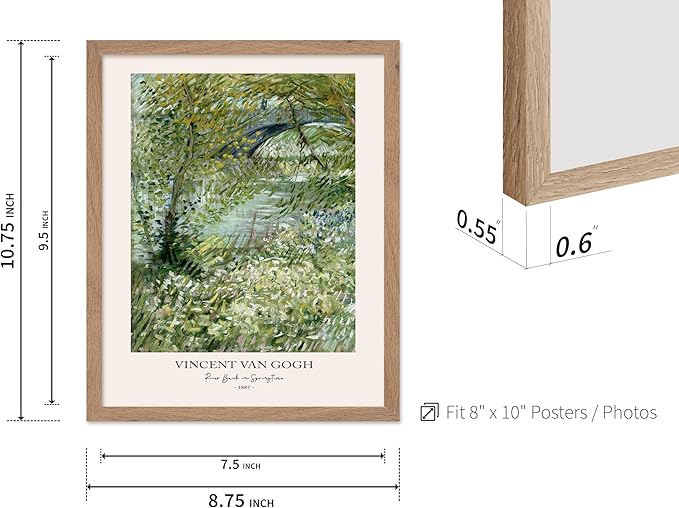 Monem Art Vintage Van Gogh Poster - Retro Impressionist Print - River Bank in Springtime, Flowers, Landscape - Gift for Artist, Friend - Wall Decor for Home, Office, 8x10 Beige Framed