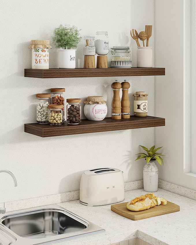Marsmiles 40" Floating Shelves for Wall, Wooden Shelves with Invisible Brackets Set of 2, Rustic Farmhouse Wall Mounted Shelf for Kitchen Bathroom Living Room Study, Walnut