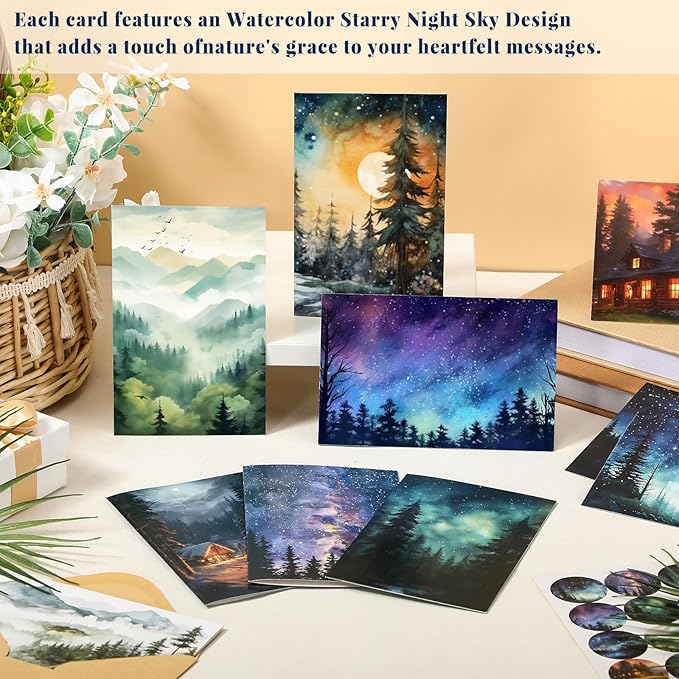 100 Pcs Whimsical Watercolor Illustration Starry Night Sky Blank Greeting Cards 4x6, Blank Cards, 10 Designs Stationary Set for All Occasions with Matching Rustic Envelopes and Stickers