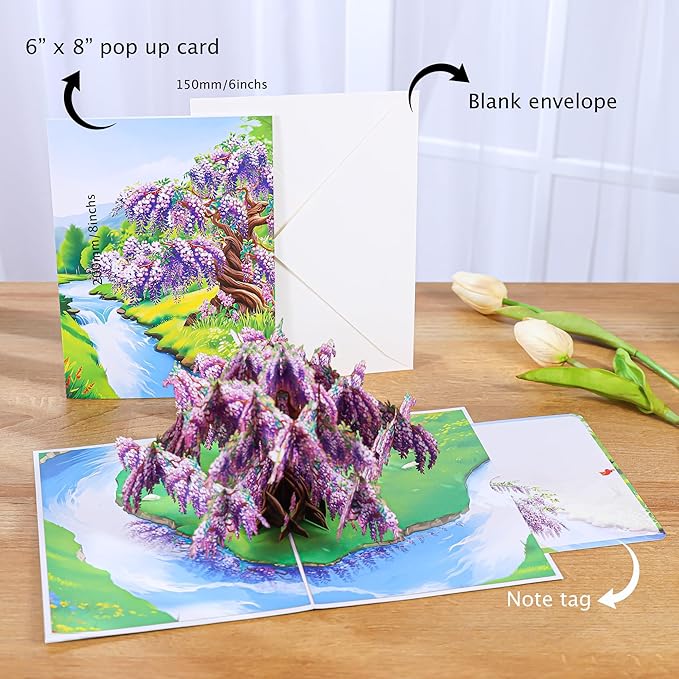 Wisteria Tree Pop-Up Mother's Day Cards, 6x8 in Birthday Card for Mom, Gift for Birthday, Anniversary, Mothers Day, Thank You, Get Well, All Occasion for Women, Her, Wife, Sister, Daughter, Grandma