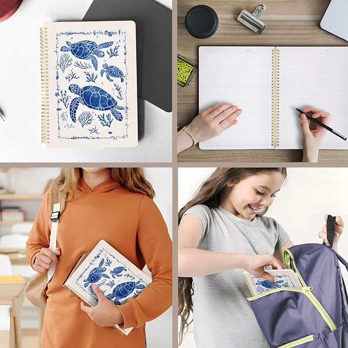 Cute Spiral Notebook journal A4 Aesthetic Pretty Design for Women Girls Kawaii with Pocket, 8.5 x 11 inch, Lined, Turtle