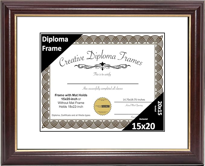 Creative Picture Frames 15x20 Mahogany Gold Rim Diploma Frame with White Mat Glass and Installed Wall Hangers | Frame Holds 16x20 Media without Mat