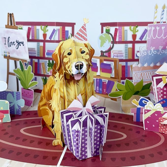 Golden Retriever 3D Pop Up Birthday Card – Cute Dog Card with Envelope, Puppy Gift for Dog Lovers, Women – Funny Pet Lover Birthday Greeting Card