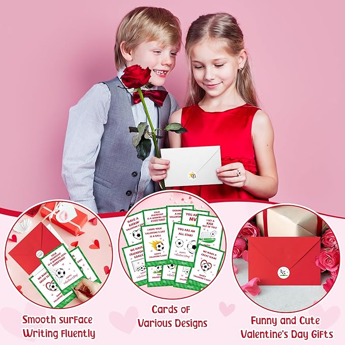 TICIAGA 48 Set Valentine's Day Football Greeting Cards with Envelop Green Heart Soccer Notecard Sticker for Kids Sport Theme Exchange Gifts for Boys and Girls School Classroom Supplies Party Favors