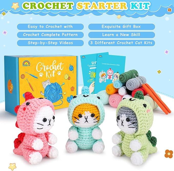 Crochet Kit for Beginners - 3 PCS Dinosaur Cat Crochet Kits with Step-by-Step Video Tutorials, Beginner Crochet Kit for Adults, Crochet Animal Kit for Starters, Cat Dressed as Dinosaur Crochet Set