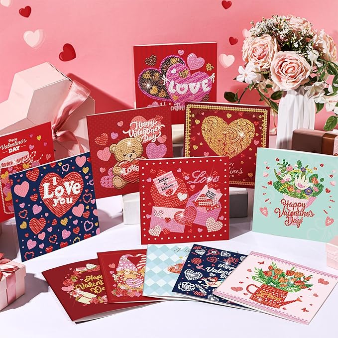 Saillong 12 Pack Valentine's Day Diamond Painting Greeting Card Kit Valentine Diamond Art Cards with Envelopes 5D Rhinestones Painting Making Kits for Adult DIY Craft Family Friend Holiday Gifts