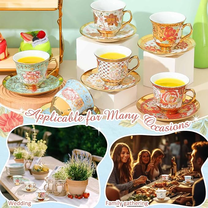 Set of 6 Tea Cups and Saucers Tea Party Decorations Floral Porcelain 5.4 oz British Gift for Women Birthday Party, Church, and Mother's Day (Stylish Style)