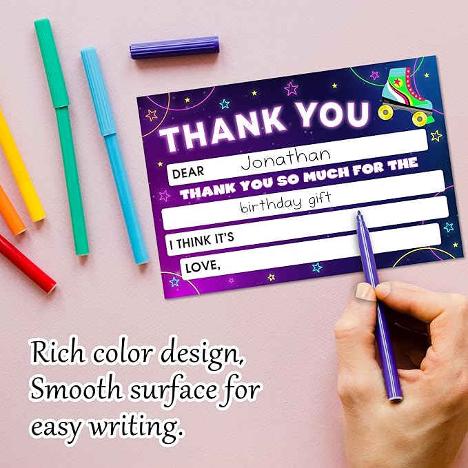 Roller Skating Kids Thank You Cards, Ice SkatingThank You Card For Neon Glow Birthday Party, Kids Birthday Cards Fill In The Blank, 20 Pack Greeting Cards With Envelopes For Boys Girls, 006