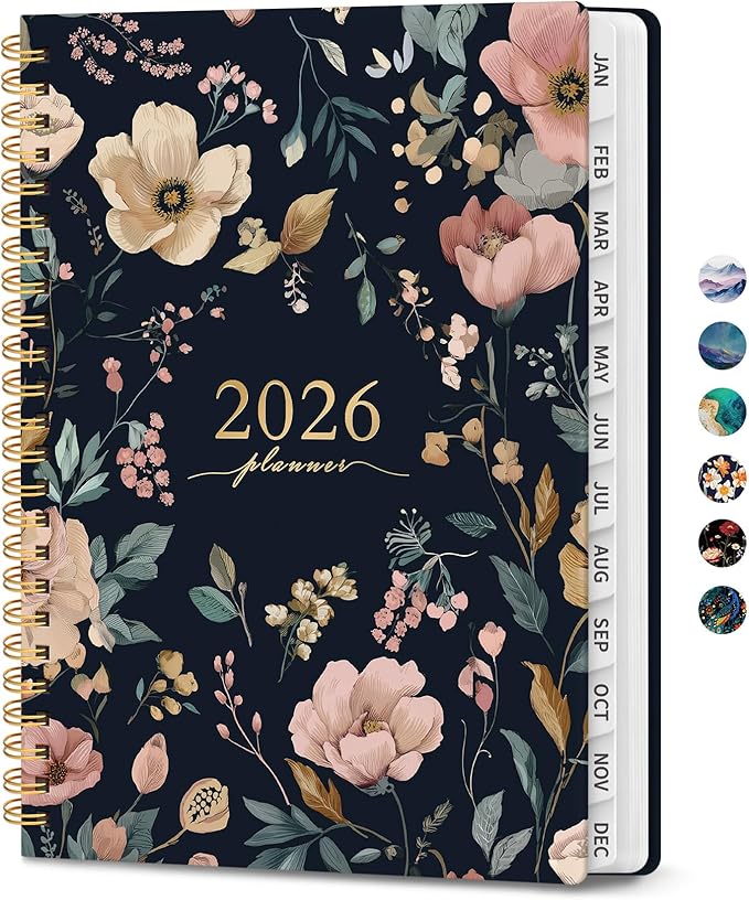 2026 Planner, Monthly and Weekly Calendar Planner for Women, Jan 2026 - Dec 2026, Hardcover Pretty 2026 Agenda Planner Book with Tabs, Spiral Bound, Perfect for School Office Home Supplies, 6.3" x 8.5" - Evening Petals