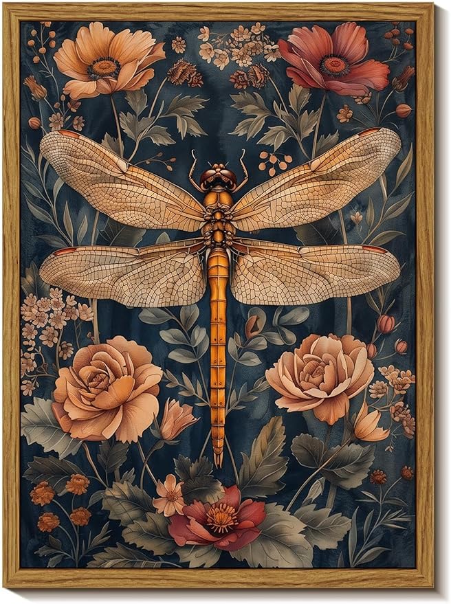 Djmwtb Framed Vintage Wall Art, Dragonfly Wall Decor,Nature Botanical Wall Art for Bedroom, Flower Pictures Paintings Canvas Artwork Prints for Living Room 16x24in