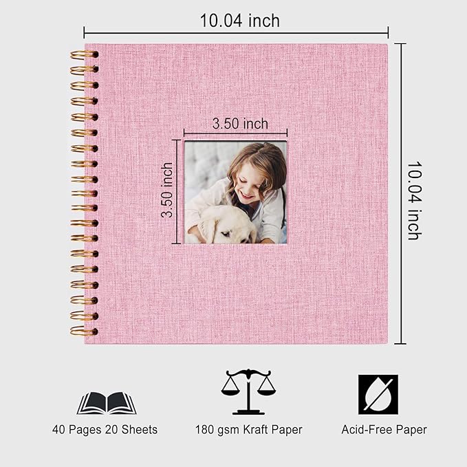 10 x 10 Inch Scrapbook Photo Album, DIY Memory Book Linen Cover for Photos, Hardcover Kraft White Pages Scrap Book Photo Albums for Travel, Wedding Anniversary Family Christmas Baby 40 Pages, Pink