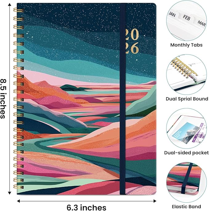 2026 Planner, Weekly and Monthly Planner for Women, January 2026 to December 2026, Pretty Hardcover 2026 Calendar Planner Book with Tabs, Inner Pocket, Spiral Bound, Perfect Office Home School Supplies - 6.3" x 8.5", Painted Horizon