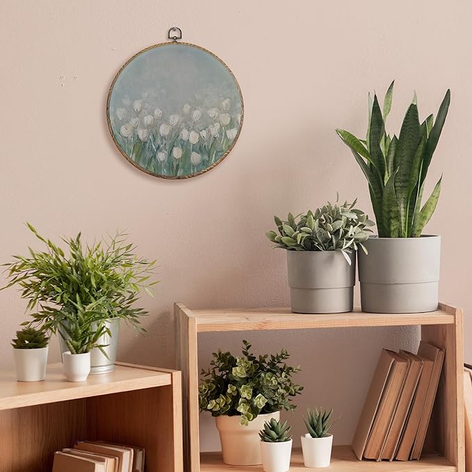 FUGWN Vintage Tulip Floral Round Wall Art Decor Framed, Retro Cottagecore White Tulip Flower Botanical Canvas Artwork Prints, Floral Wall Hanging Decorations for Home Bedroom Living Room, 10x10 Inch