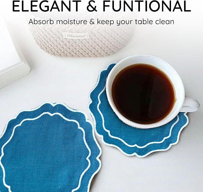 Drink Coasters Set of 6, 6x6 inch, Absorbent Linen Drink Mats with Scalloped Edge, Reusable Handmade Coffee Coasters for Home Decor & Tabletop Protection & Gift Giving (Peacock)