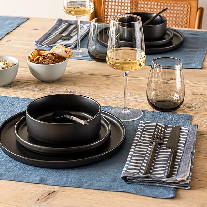 Over&Back Set of 4 Washed 100%-Linen Woven Placemats - Colorful Dining Table Mat - Machine Washable - Kitchen and Home Decor - Blue