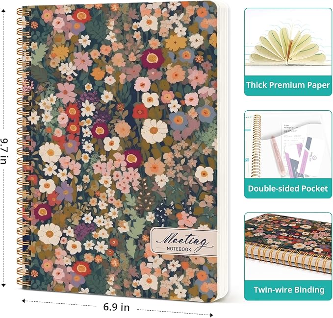 Meeting Notebook for Work Organization, Aesthetic Meeting Minutes Notebook for Work, Event Project Agenda Planner Organizer, Perfect for Office School Business Supplies, 6.9" X 9.7" - Garden