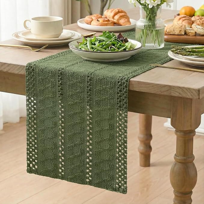 Artoid Mode Army Green Farmhouse Woven Rustic Hollow Table Runner, Seasonal Holiday Hollow Kitchen Dining Table Decoration for Home Party Decor 12x120 Inch