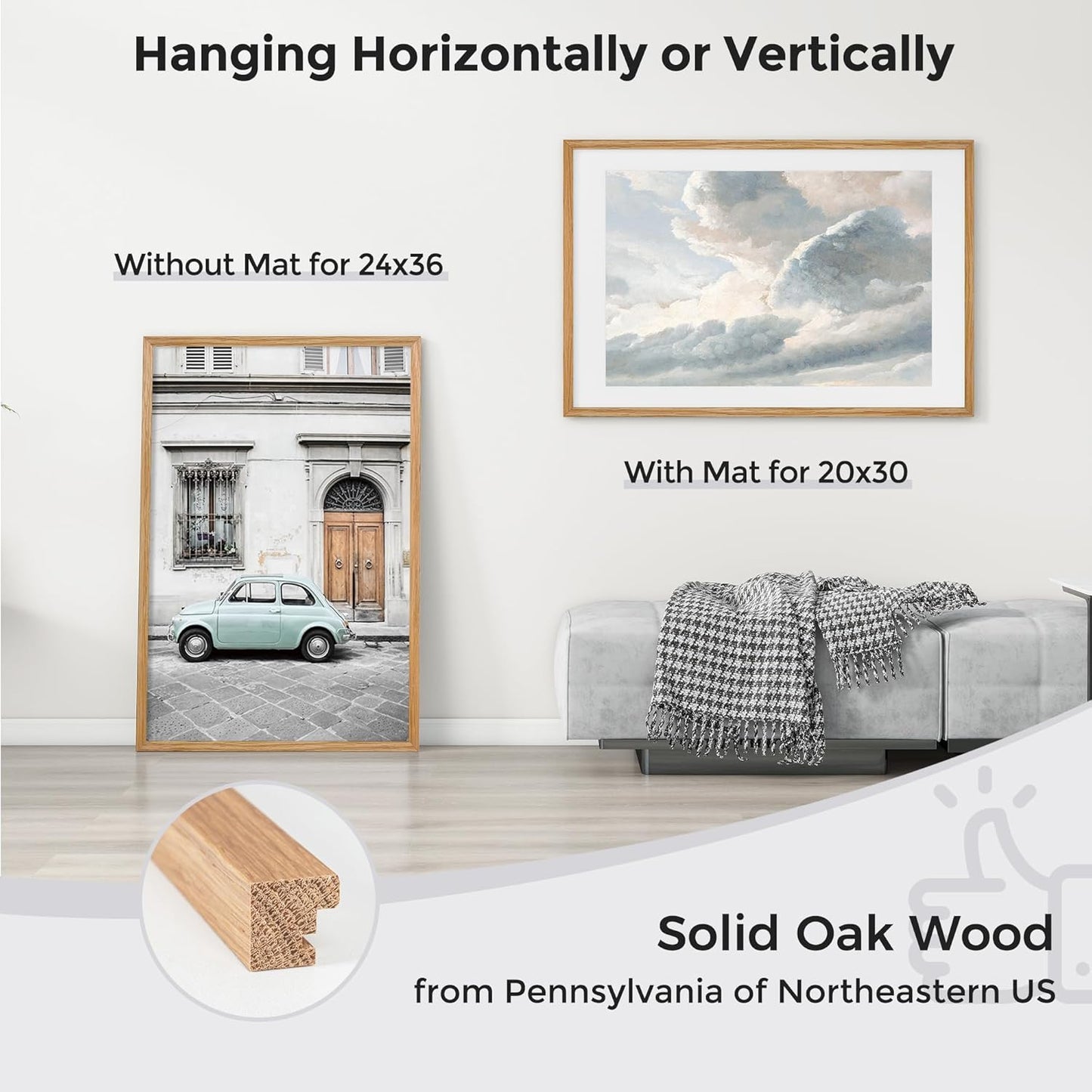 Axeman 24x36 Picture Frame with Mat for 20x30, Solid Oak Wood Poster Frame with Tempered Glass, Wood 24''x36'' Minimalist Photo Frame Movie Poster Frame with Wall Hooks for Art Photo Prints, Natural