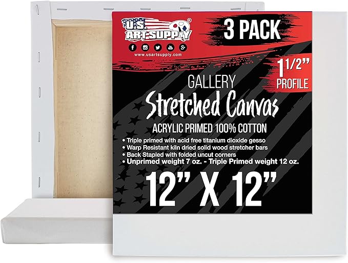U.S. Art Supply Square Stretched Canvas for Painting 12x12 inch Gallery Depth 1-1/2" Thick, 3-Pack - 12oz Acrylic Gesso Triple Primed, Professional Artist Quality, 100% Cotton - Pouring, Oil Paint