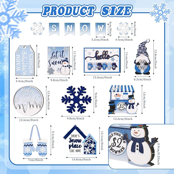 Kajaia 15 Pcs Christmas Tiered Tray Decor Winter Tiered Tray Decorations Set Snowman Snowflake Gingerbread Man Hot Cocoa Wooden Signs Farmhouse Christmas Table Decorations(Snowflake)