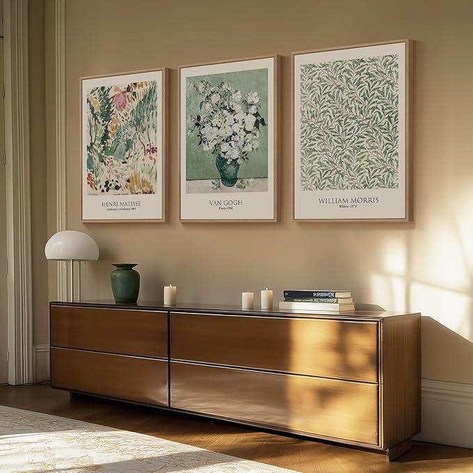 Framed Large Matisse Wall Art for Living Room, Set of 3 Vintage Sage Green Botanical Canvas Prints, Floral Plant Artwork for Bedroom, Hallway, or Home Office Decor, 24x36 Inch
