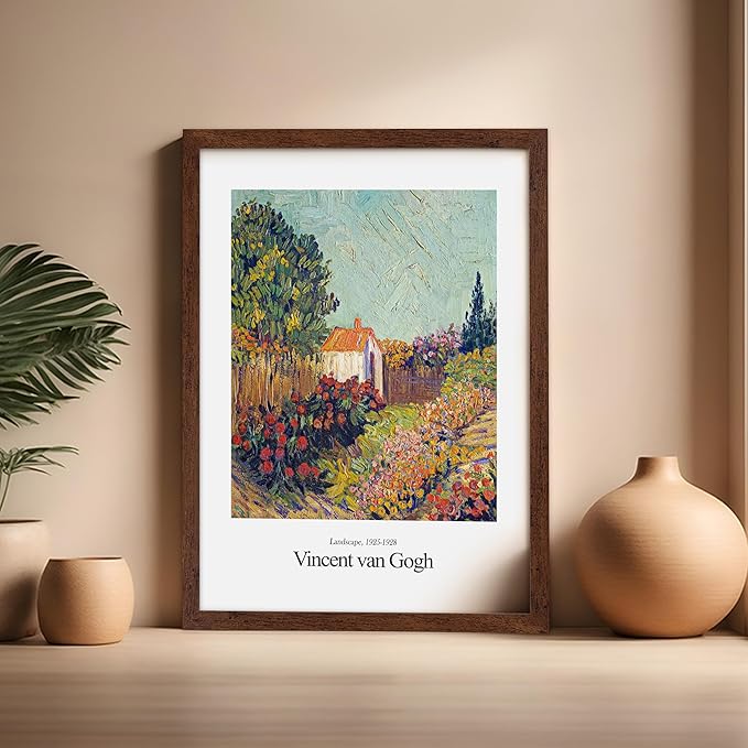 Monem Art Vintage Van Gogh Poster - Retro Impressionist Print - Flower Garden, Cottage, Sky, Colorful, Landscape - Gift for Artist, Friend - Wall Decor for Home, Office, 16x20 Brown Framed