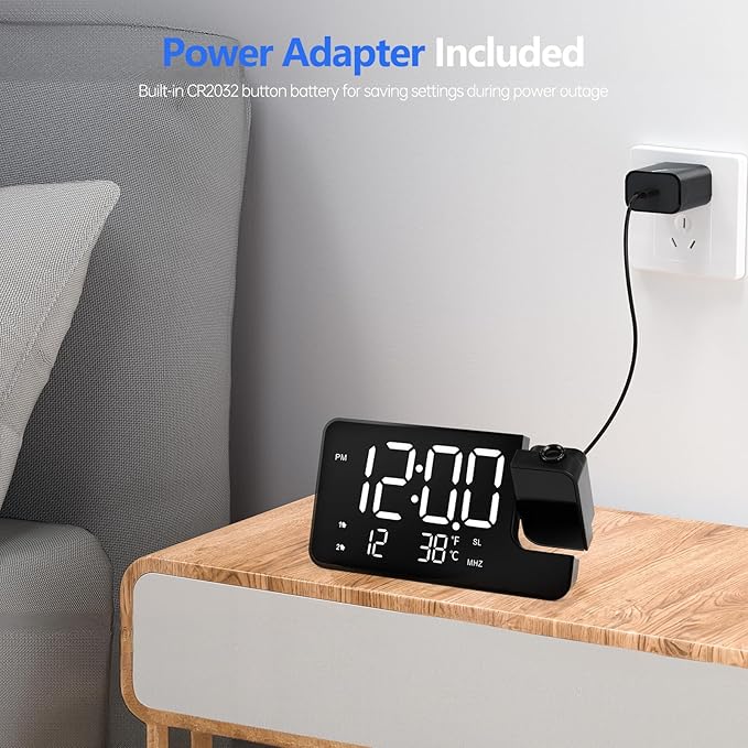 Projection Alarm Clock for Bedroom-Alarm Clock Radio with 180° Rotatable Projector LED Display, Dual Alarm,Dimmer for Kids Elderly,Heavy Sleepers,Snooze,12/24H,DST