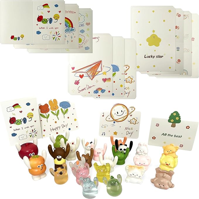 Geiomoo Mini Resin Gifts with Greeting Cards, Cute Embellishments Ornament Set for Craft Party Decor (24 Pack+30 Pcs Cards)
