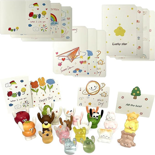 Geiomoo Mini Resin Gifts with Greeting Cards, Cute Embellishments Ornament Set for Craft Party Decor (24 Pack+30 Pcs Cards)