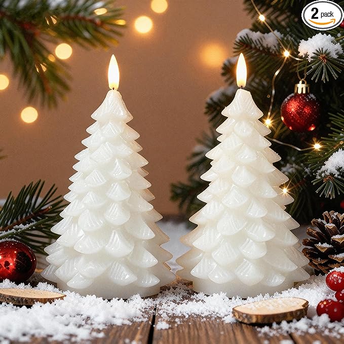 Flameless Candles with Remote Timer, 2 Pack Christmas Tree Candles Battery Operated LED Candles Real Wax Holiday Christmas Decoration for Bedroom Party Festival Gift White