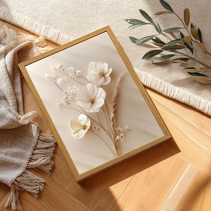 HLXRAE Minimalist Beige Floral Canvas Wall Art, Neutral Farmhouse Wall Decor, Wood Framed Vintage Botanical Poster Prints, Modern Flower Aesthetic Pictures for Bathroom Living Room Bedroom 12"x16"x3