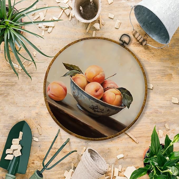 Hiuwevt Vintage Moody Peach Round Wall Art Decor, Dark Academia Peach Framed Canvas Prints, Farmhouse Rustic Fruit Round Wall Hanging Decor for Kitchen Dining Room Decorations, 10x10 Inches