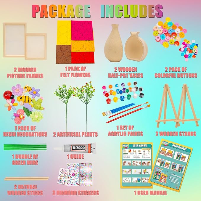 FTBox Crafts Gift for Girls, DIY 3D Felt Flowers Wooden Vase Picture Frame Painting Kit, Arts and Crafts Project for Kids Age 6 7 8 9 10 11 12 Years Old (Felt Flowers)
