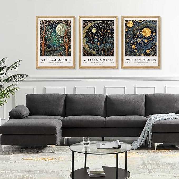 Hianan William Morris Canvas Wall Art, Vintage Gold Moon Stars Poster Prints, Many Dreamlike Stars Wall Decor, Retro Botanical Aesthetic Picture for Bedroom Living Room Office Wood Framed 12"x16"x3