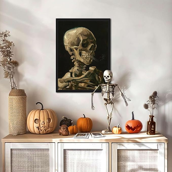 Framed Vincent Van Gogh Skull with Cigarette Canvas Wall Art - Skeleton Paintings Wall Decor, Post-Impressionism Gothic Picture Aesthetic for Halloween Decor Bedroom Living Room Artwork 12x16 inch